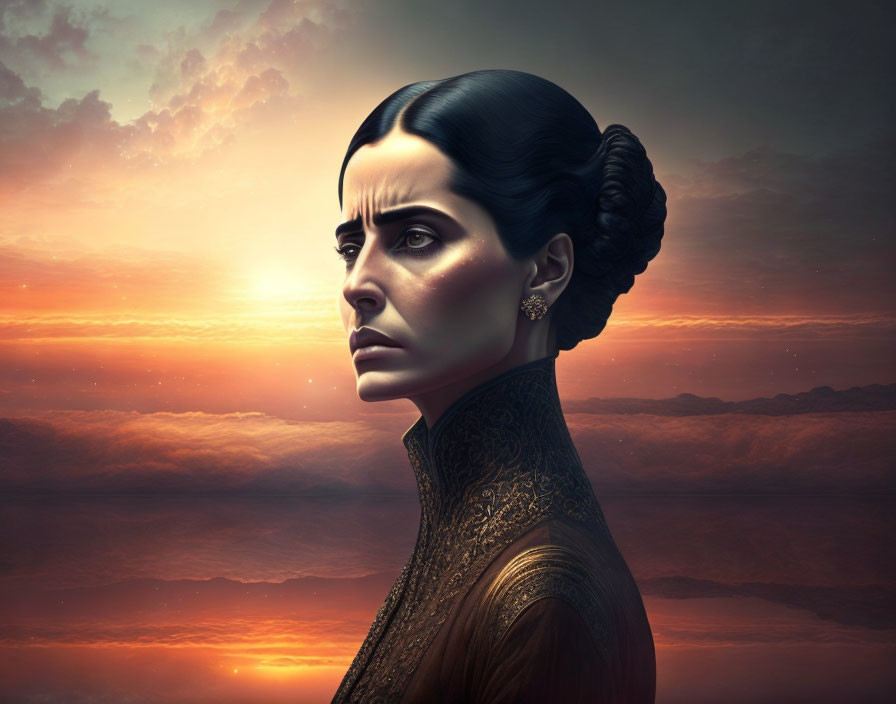 Woman with solemn expression and elegant hairstyle against sunset with clouds