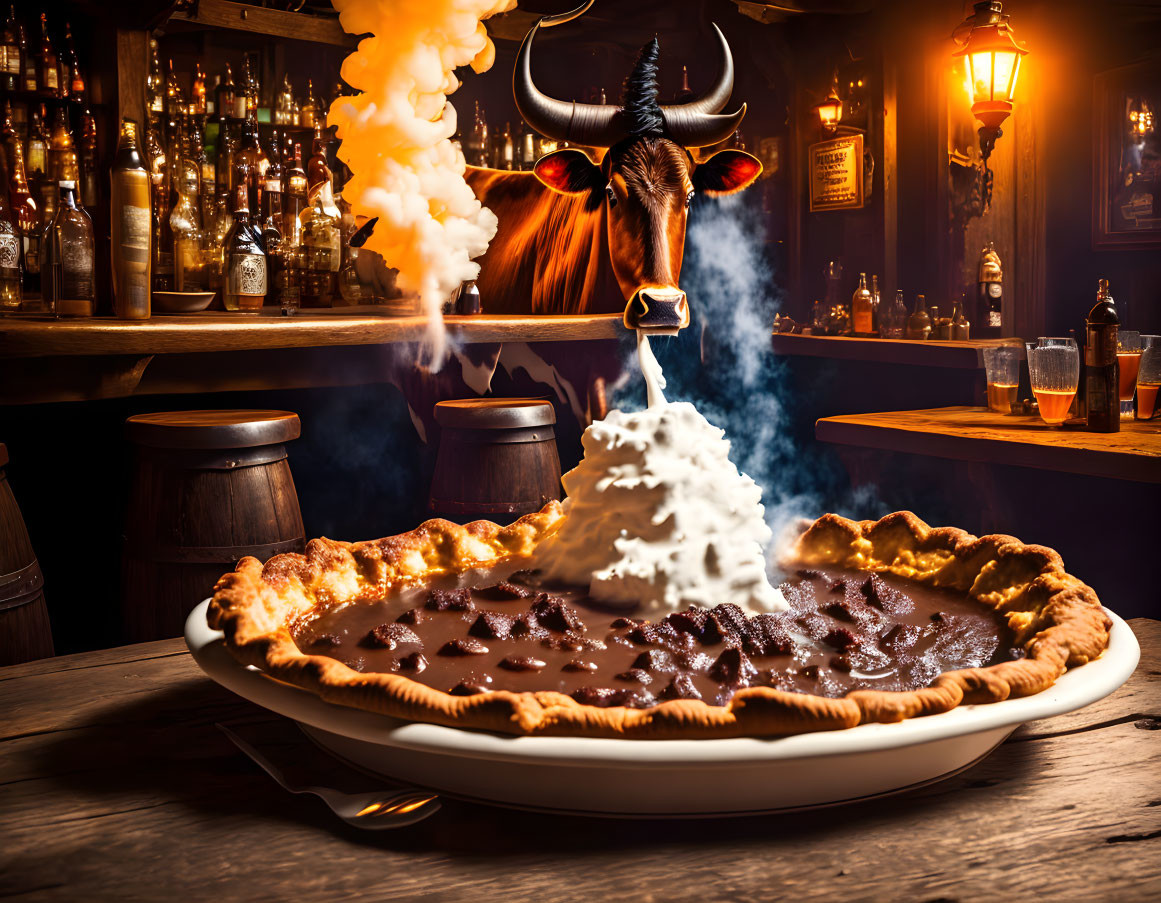 Flamboyant chocolate pie with whipped cream in rustic bar with fiery bull head decor