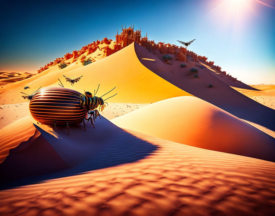 Vibrant surreal desert landscape with giant striped beetle and sun.