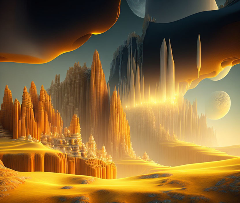 Golden spires, glowing horizon, and distant moon in surreal landscape