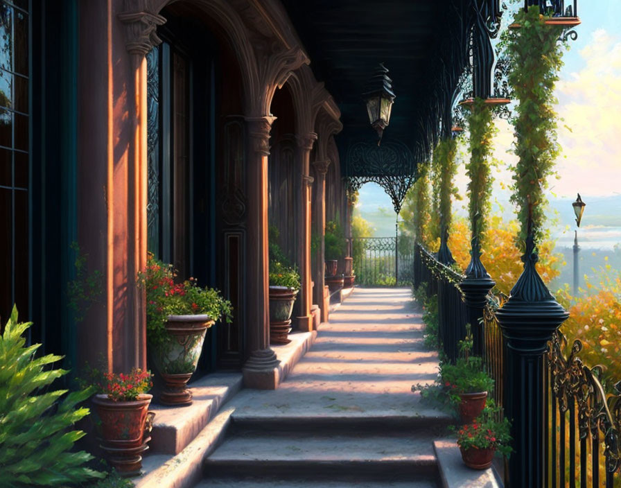 Tranquil balcony with greenery, misty landscape, and sunset glow