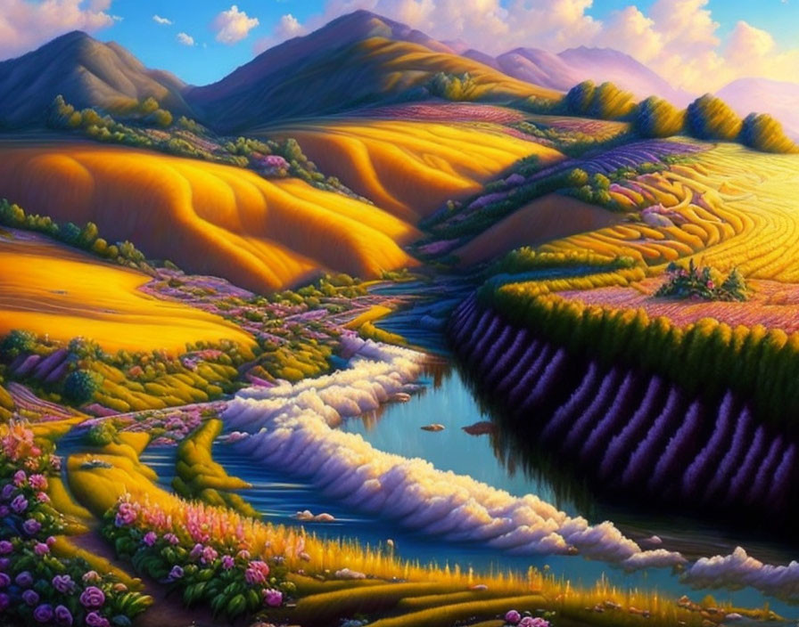 Vivid landscape painting of rolling hills, river, and fluffy clouds