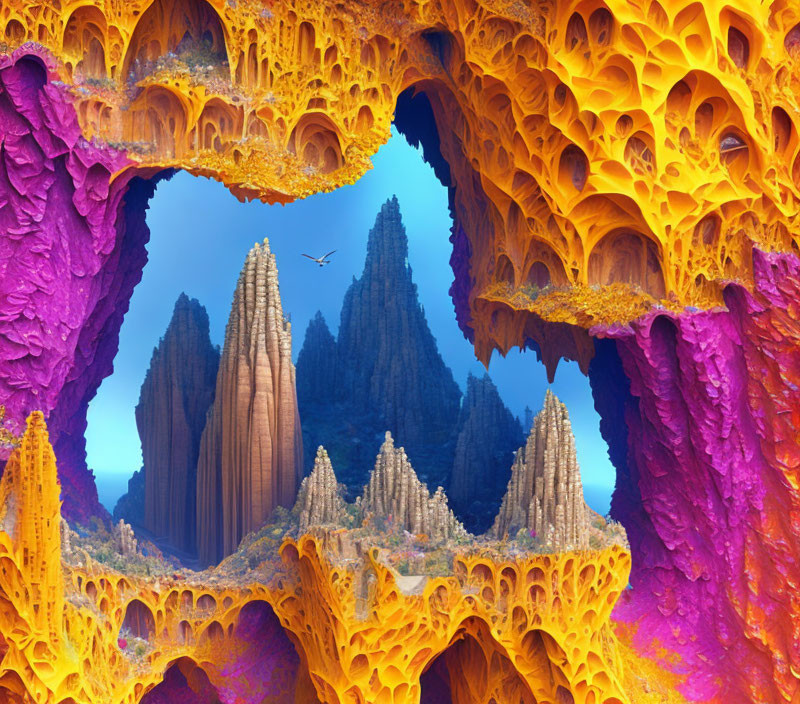 Colorful surreal landscape with hive-like rock formations and distant jagged peaks under a blue sky.