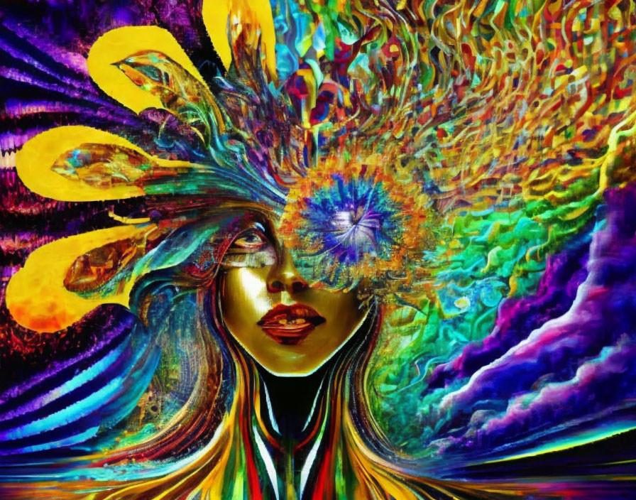 Colorful psychedelic portrait with abstract peacock feather headdress