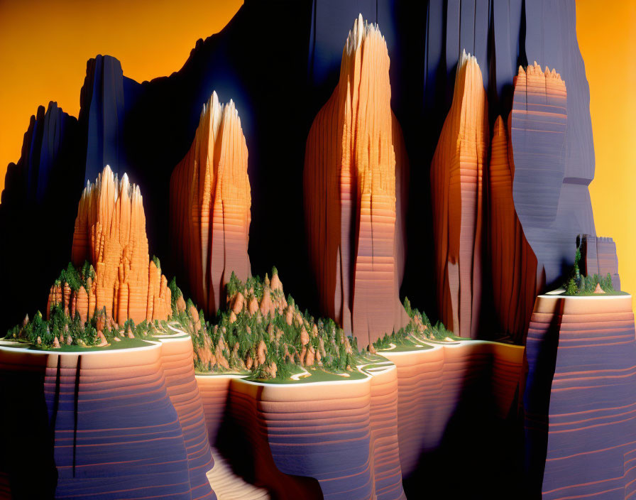 Digital Art Landscape: Layered Rock Formations, Trees, Orange Sky