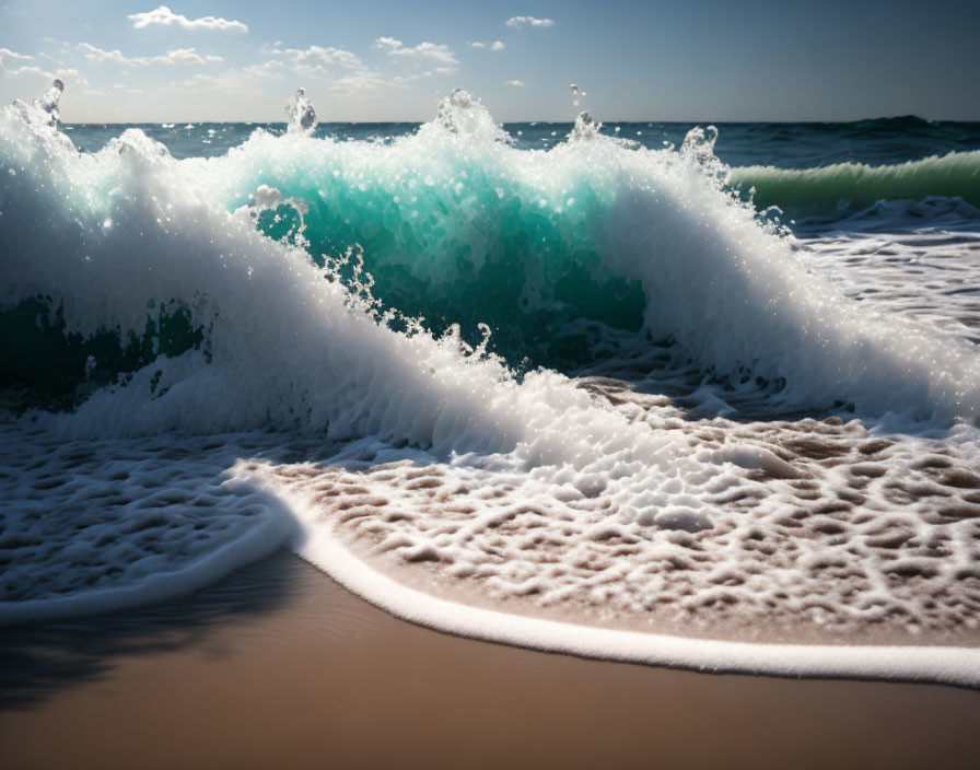 Turquoise Wave Cresting on Sandy Beach