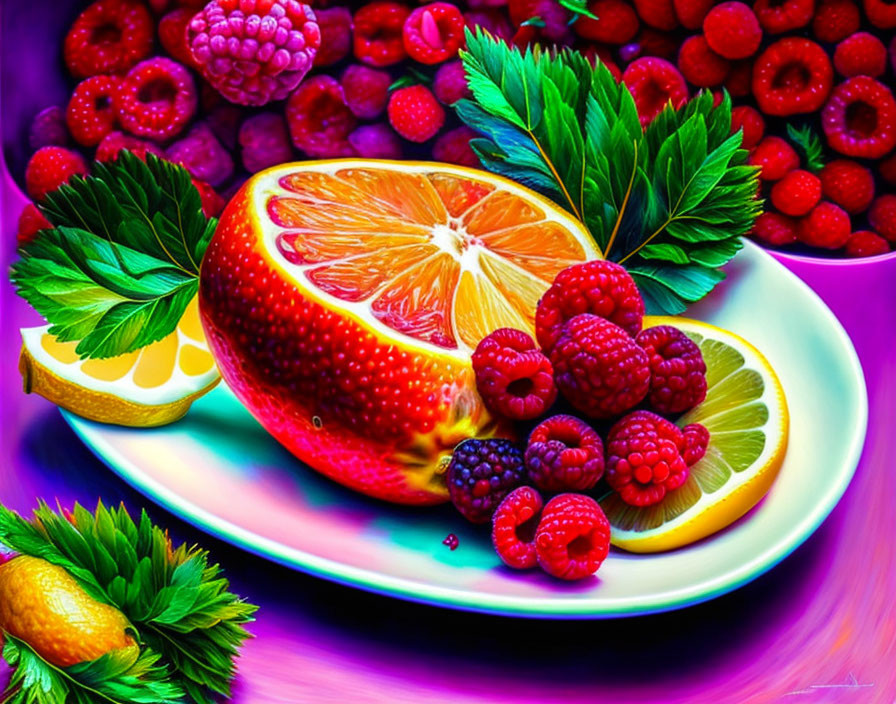 Colorful Fresh Fruits Still Life on White Plate with Purple Background