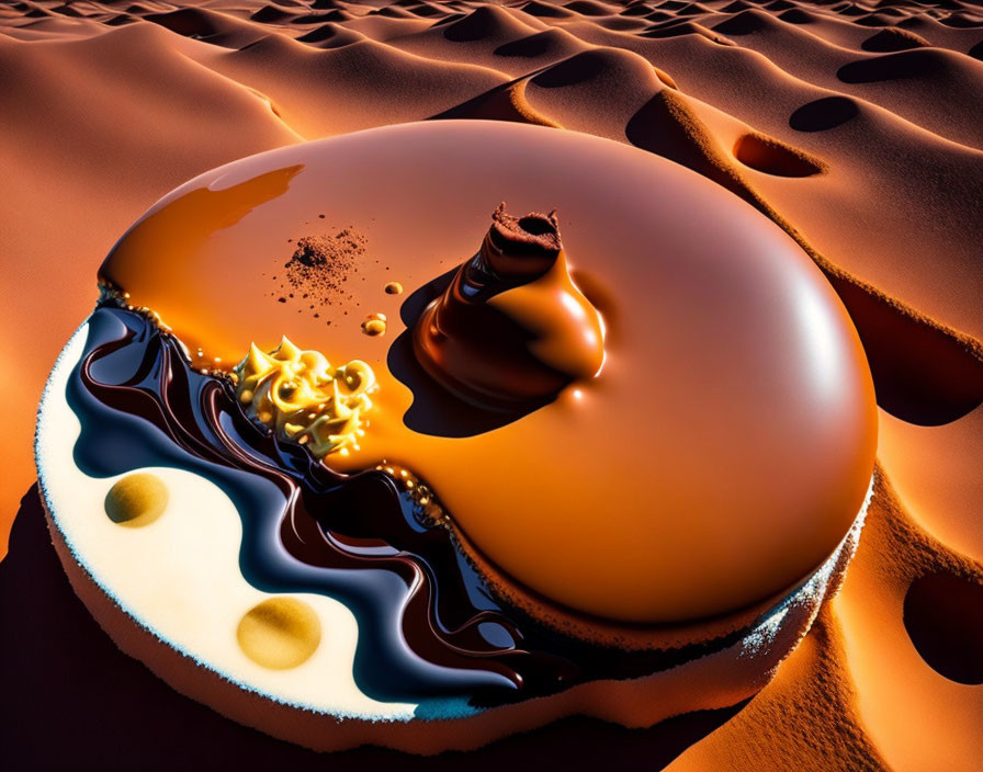 Surreal desert landscape with glossy chocolate-colored droplet