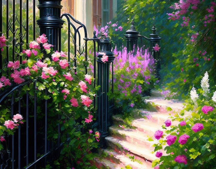 Vibrant pink and purple flower-lined garden pathway with black wrought-iron fence