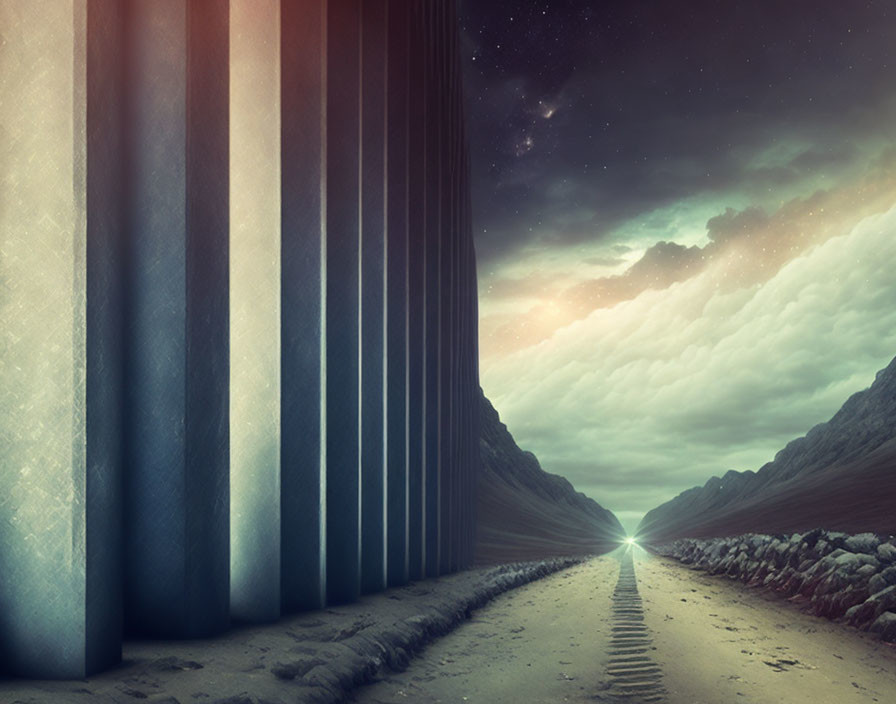 Surreal landscape with monolithic structures, starry sky, road to bright light