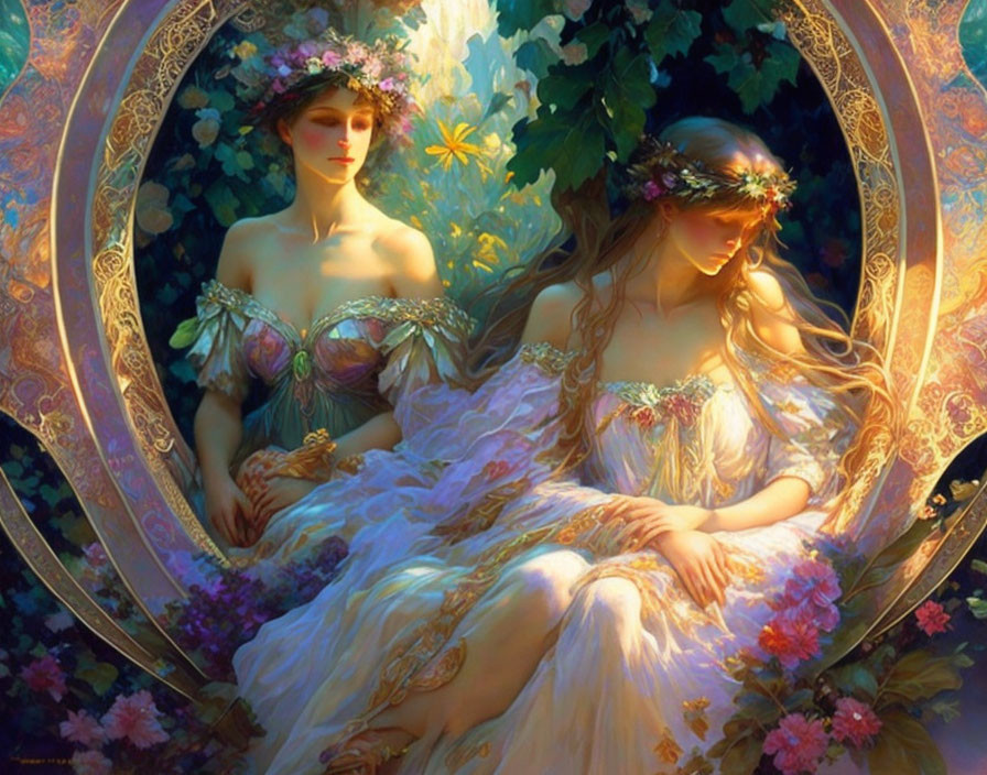 Ethereal women with floral crowns in radiant garden setting