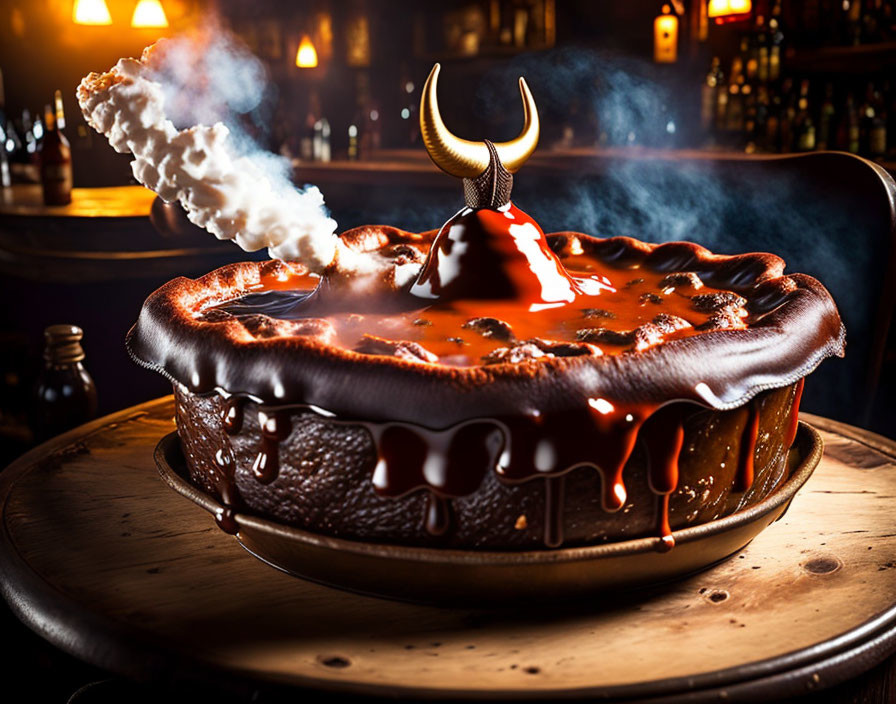 Decadent chocolate cake with smoke effect and Viking helmet on table in dimly lit bar.