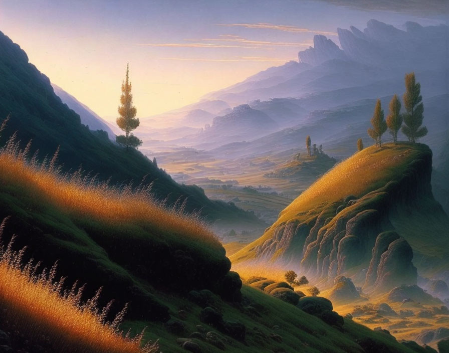 Golden sunrise over misty mountains and rolling hills landscape