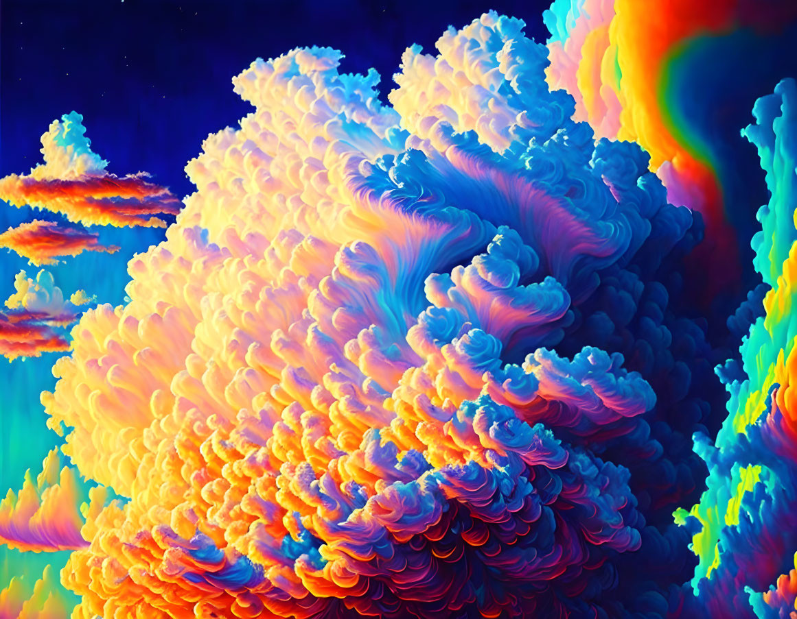 Colorful surreal clouds in orange, blue, purple hues with rainbow gradient.