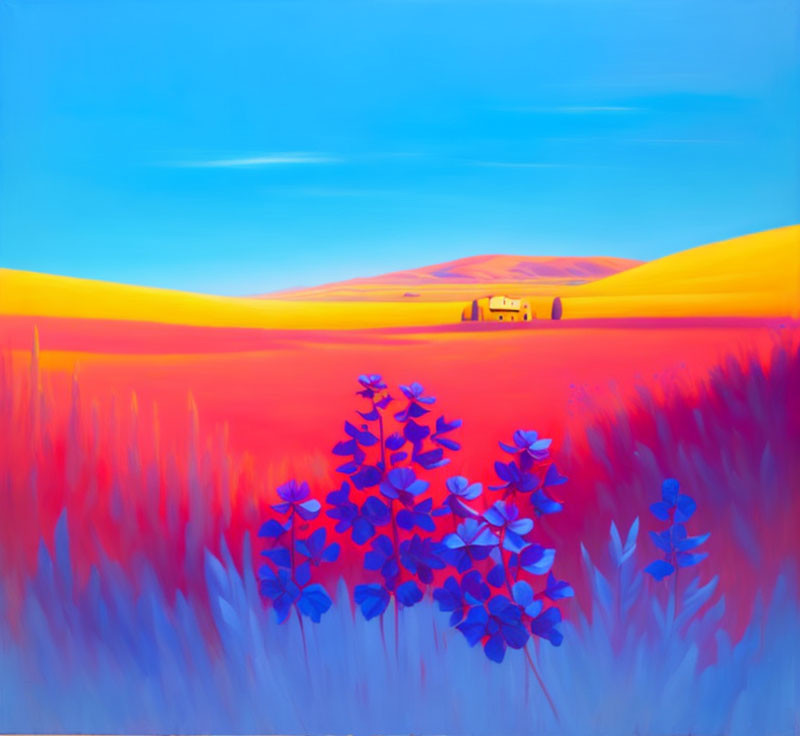 Scenic landscape painting: blue sky, golden hills, red field with blue flowers, small yellow house