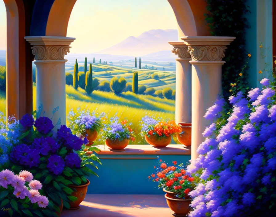 Scenic painting: Arched doorway view with vibrant flowers and lush countryside