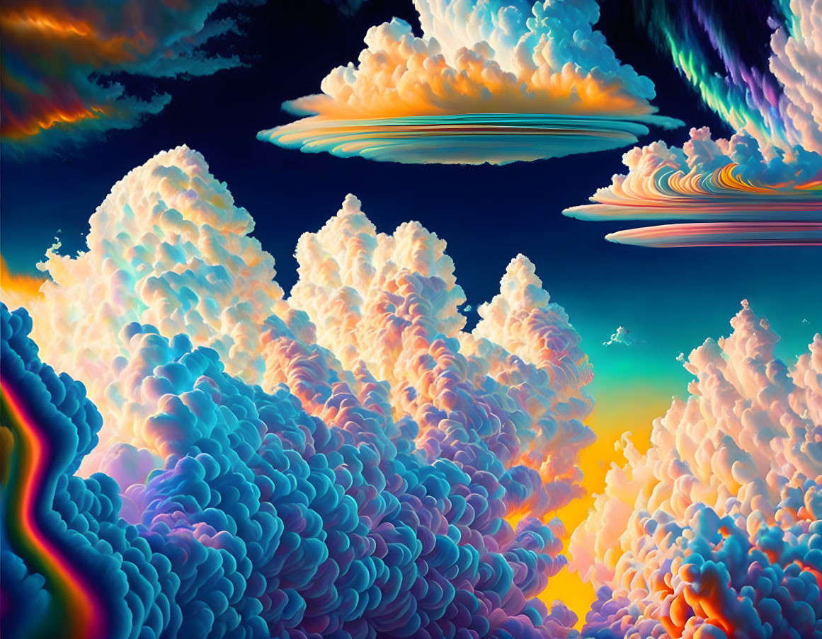 Multicolored surreal clouds with swirling patterns and a flying bird