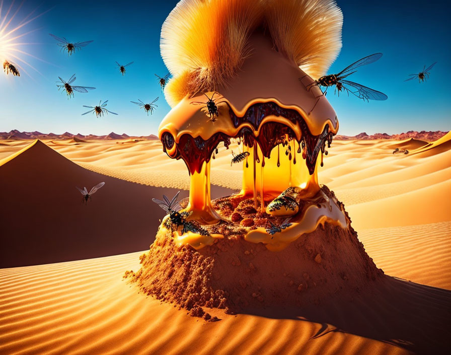 Giant melting ice cream on sand dune with oversized bees in desert scene