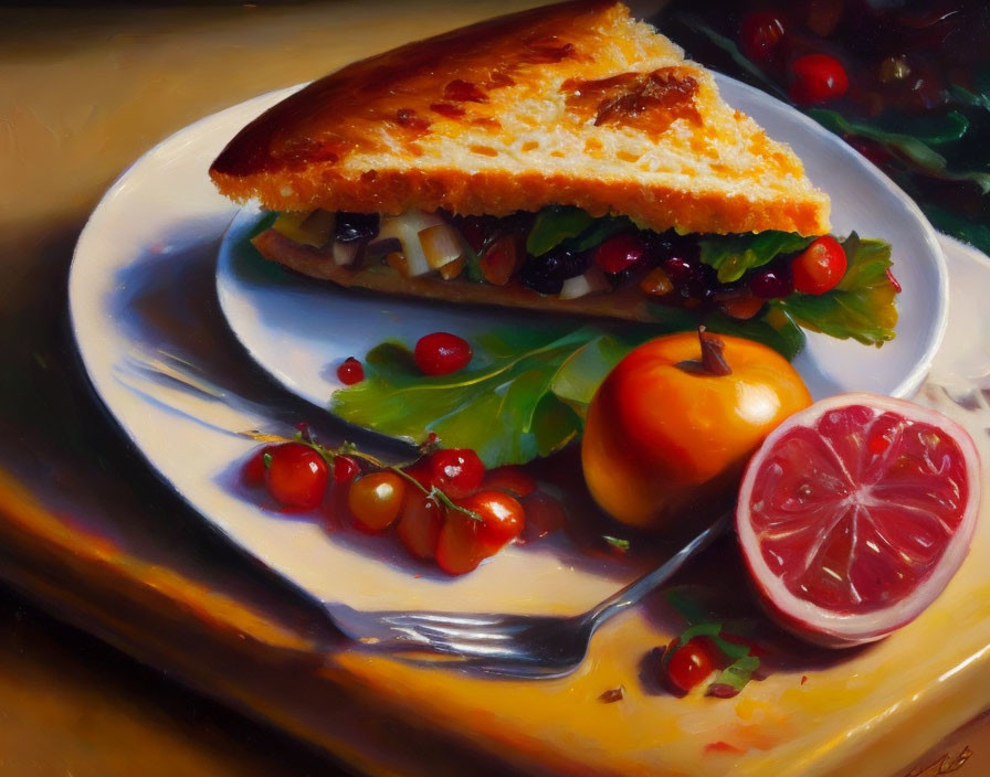 Realistic still life painting of sandwich, berries, lemon, and apricot