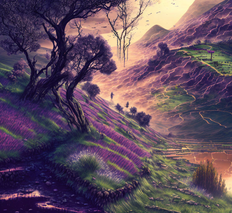 Fantastical landscape with purple and green hills, pink sky, trees, river, and distant figure