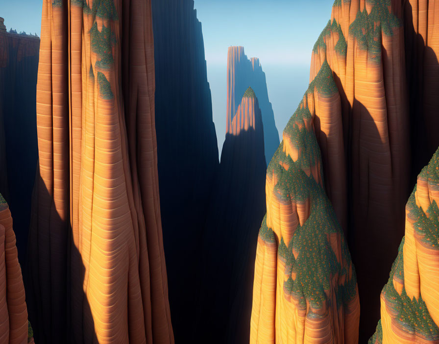 Panoramic red rock formations with cliffs, greenery, gradient sky at sunrise or sunset