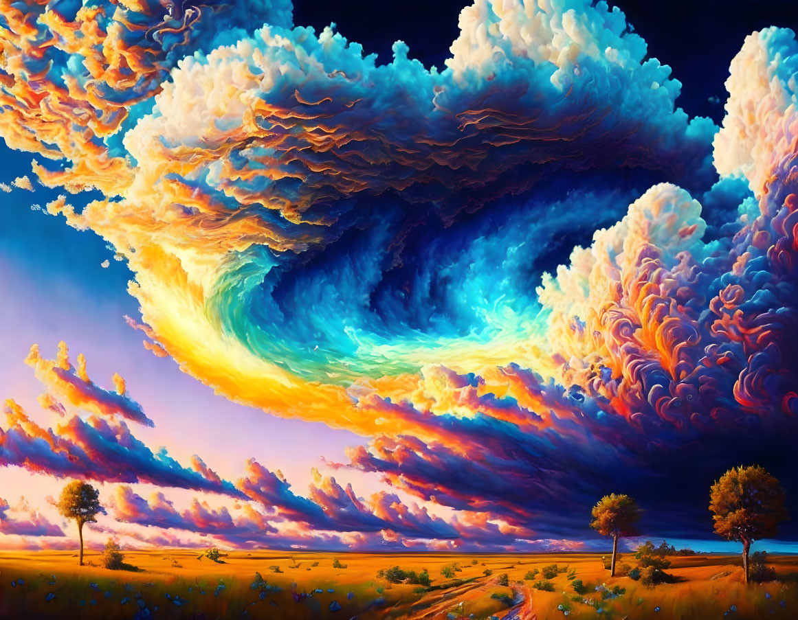 Surreal landscape with fiery-hued cloudscape above open field