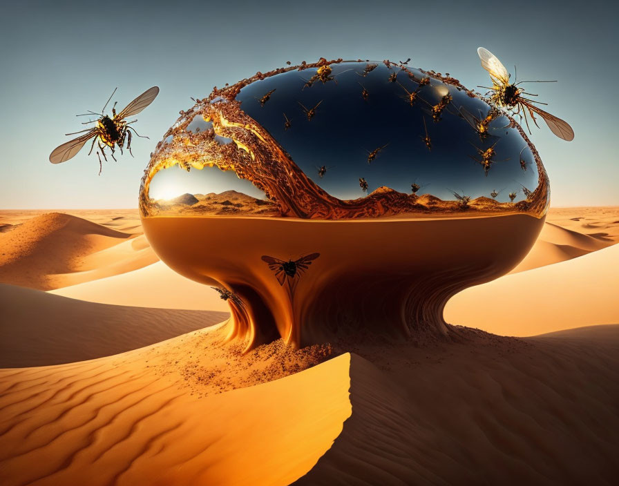 Surreal desert artwork with glossy tree structure and oversized bees