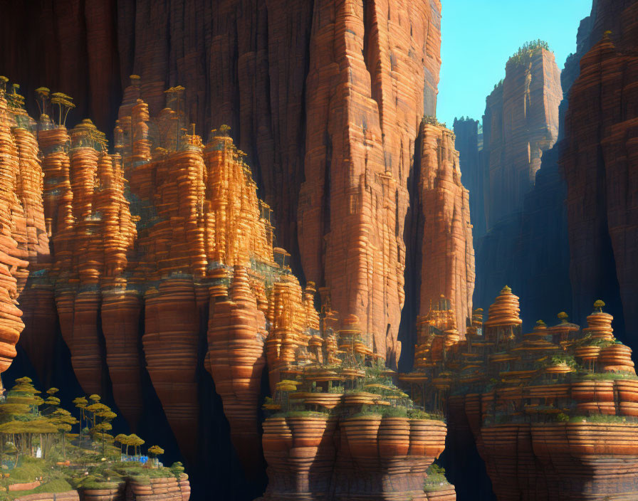 Majestic red-brown rocky pillars in canyon with green trees under blue sky