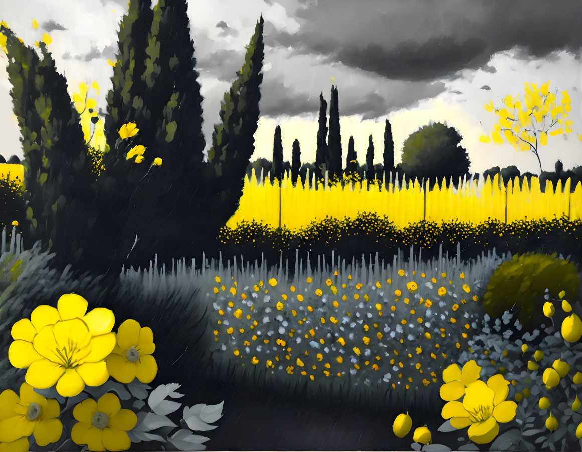 High-Contrast Landscape: Dark Cypress Trees, Yellow Flowers, Dramatic Sky