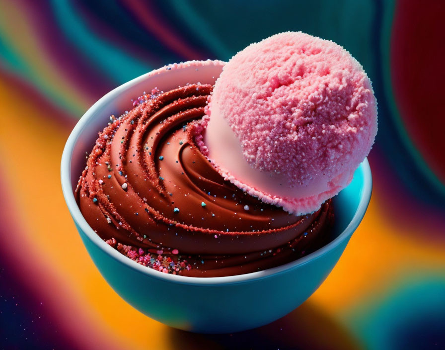 Pink ice cream scoop on chocolate mousse swirl with sprinkles in small bowl