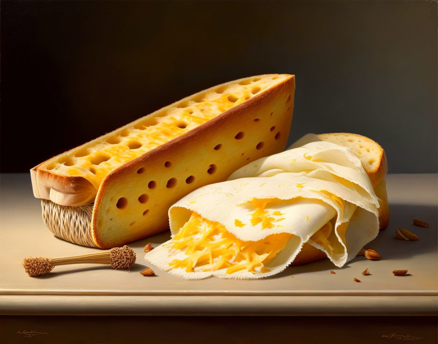 Realistic painting of Swiss cheese, nuts, and grain spikes on beige surface