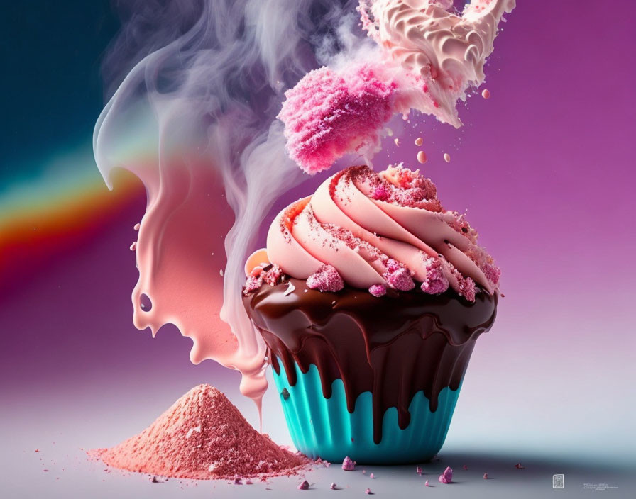 Surreal cupcake with melting chocolate top and colorful smoke