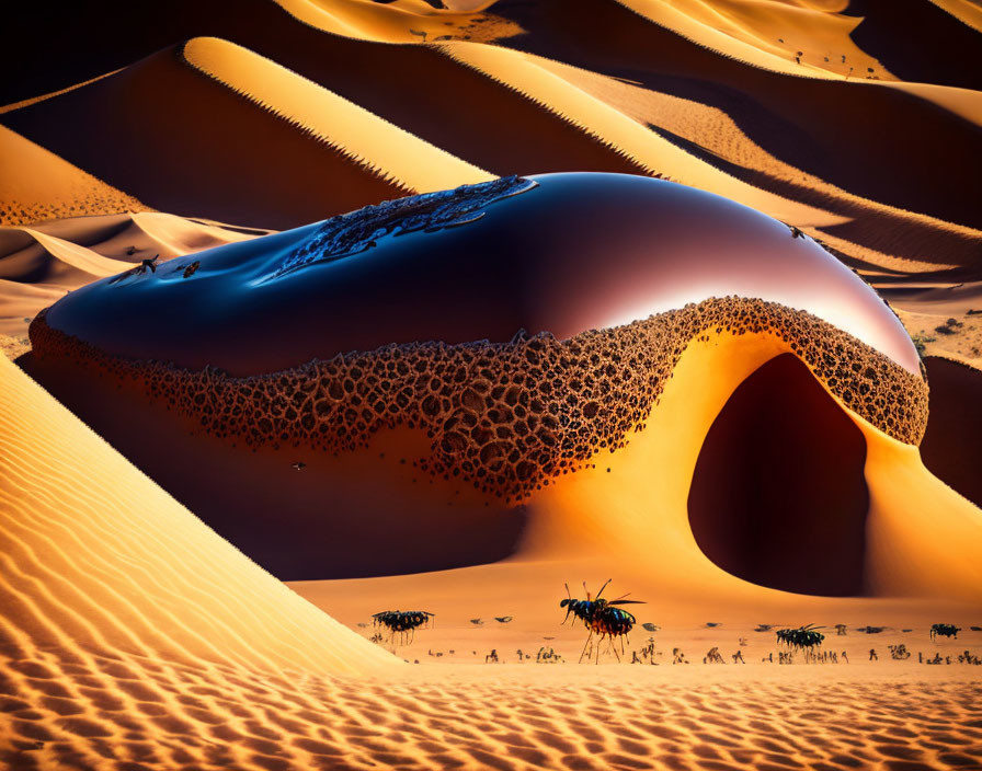 Giant metallic bean in surreal desert with animal-like figures