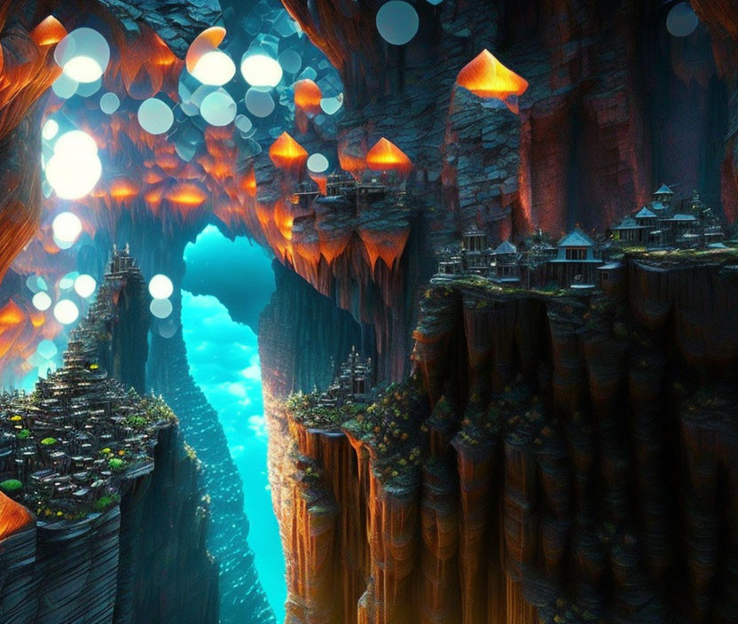 Fantastical cavern with glowing mushrooms and floating lights