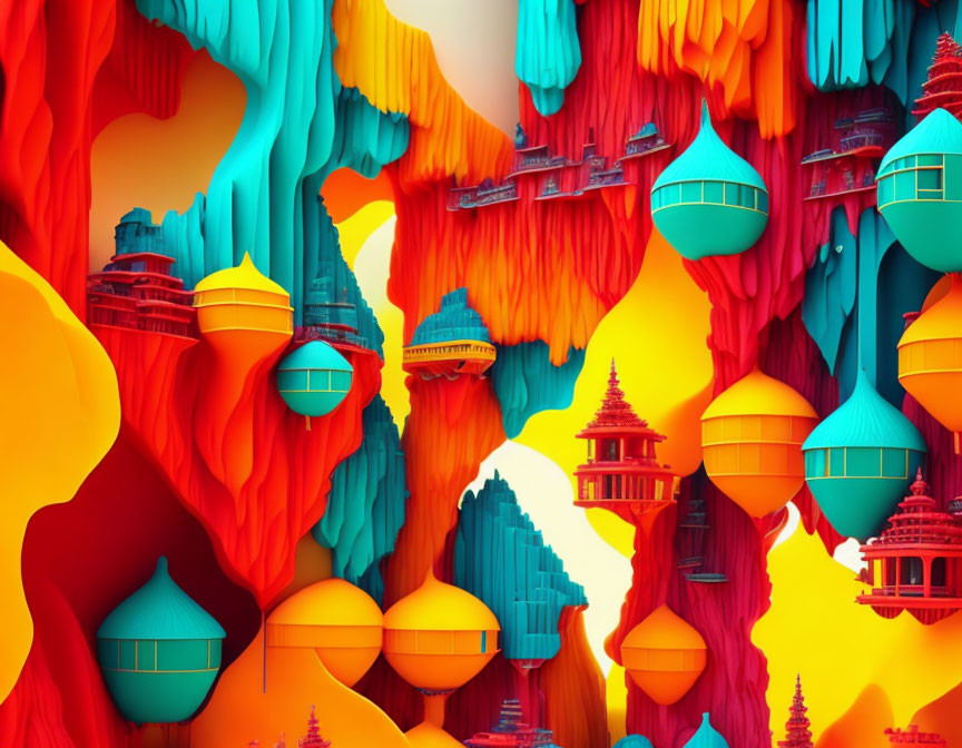 Colorful Fantastical Landscape with Whimsical Structures in Vibrant Terrain