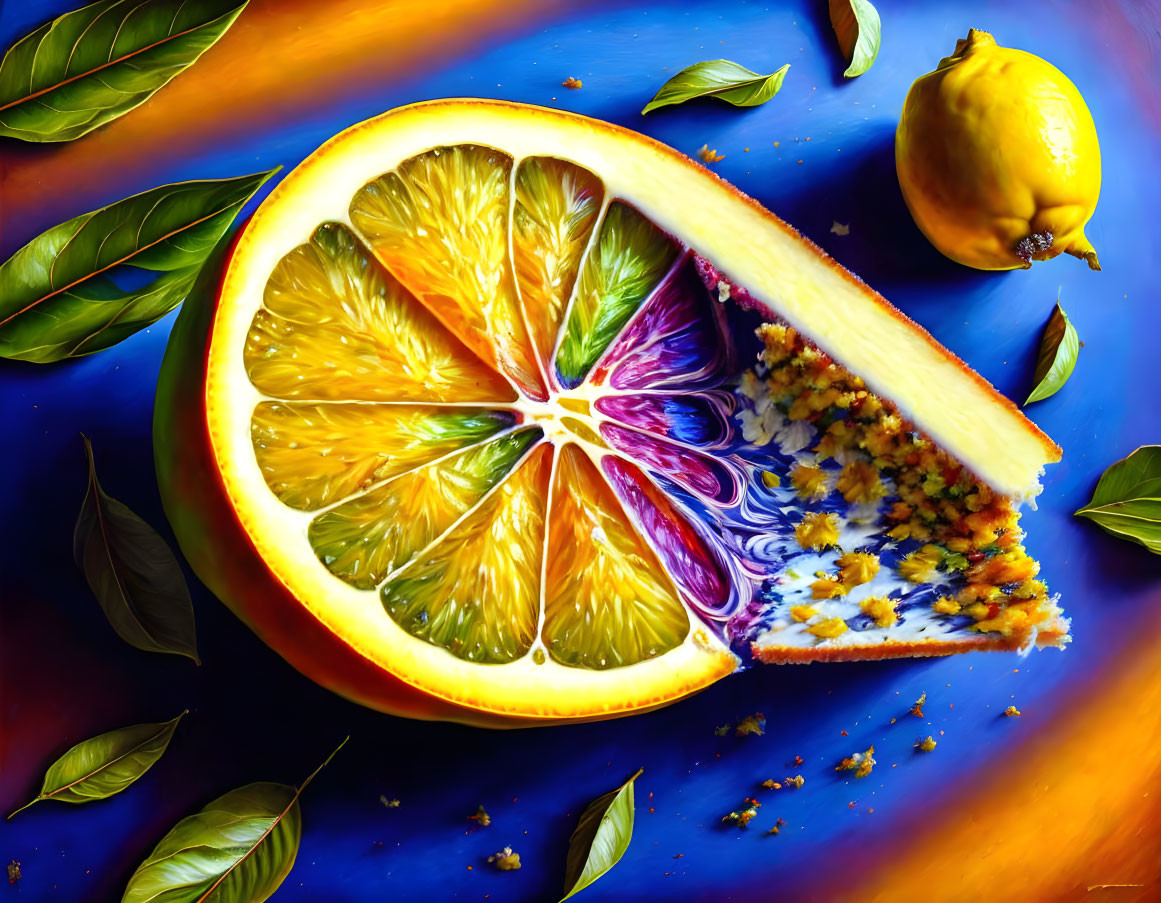 Colorful Citrus Fruit Painting on Blue Background with Leaves