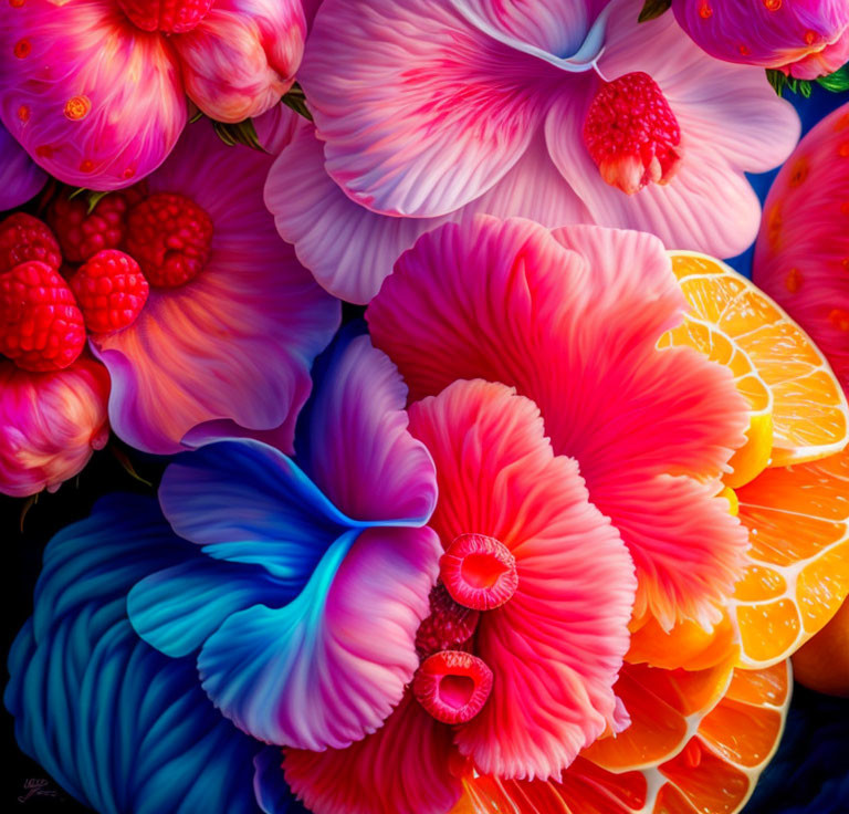 Colorful Pink and Blue Flower Arrangement with Oranges and Raspberries