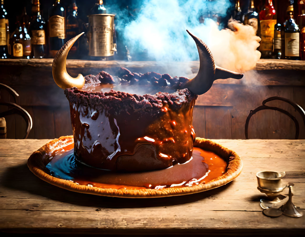 Cauldron-shaped novelty cake emitting smoke on wooden table