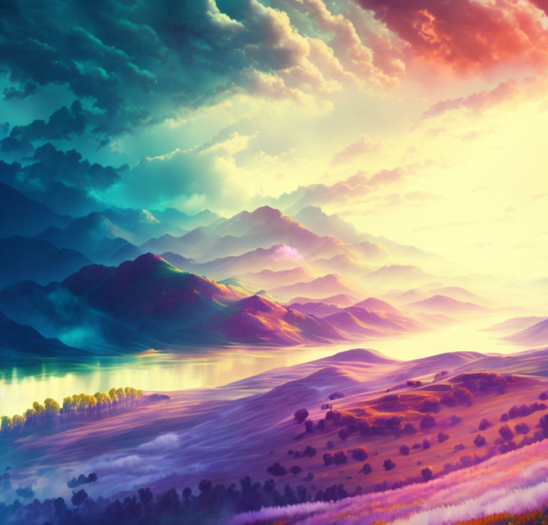 Colorful Skies Over Layered Mountains and Serene Lake