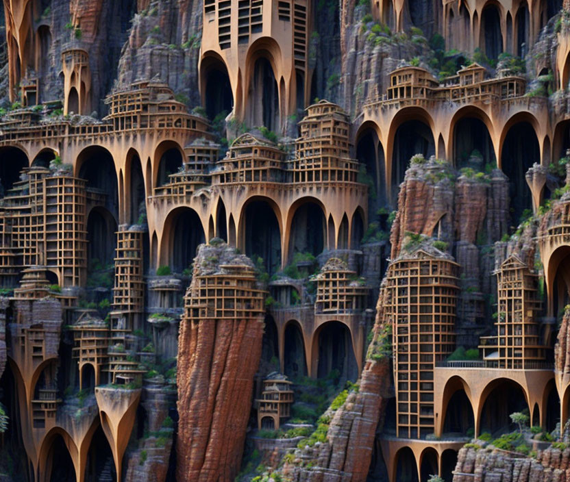 Fantastical landscape with towering cliff-integrated architecture.