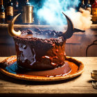 Cauldron-shaped novelty cake emitting smoke on wooden table