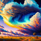 Surreal landscape with fiery-hued cloudscape above open field