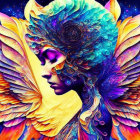 Colorful digital art: Woman with bird features in cosmic setting