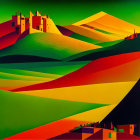 Vibrant painting of rolling hills and castles with geometric shapes