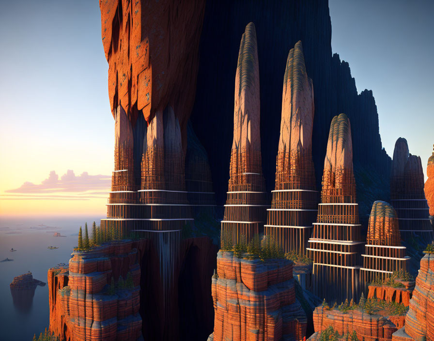 Futuristic city integrated into towering rock formations by the sea at sunset