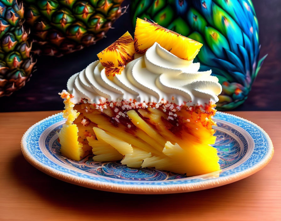 Pineapple cake with whipped cream and fresh slices on blue plate