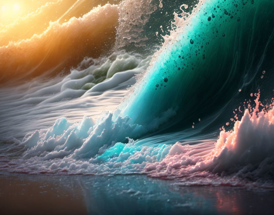 Dynamic Ocean Wave with Sunlight Illumination: Vibrant Contrast of Cool Blues and Warm Hues