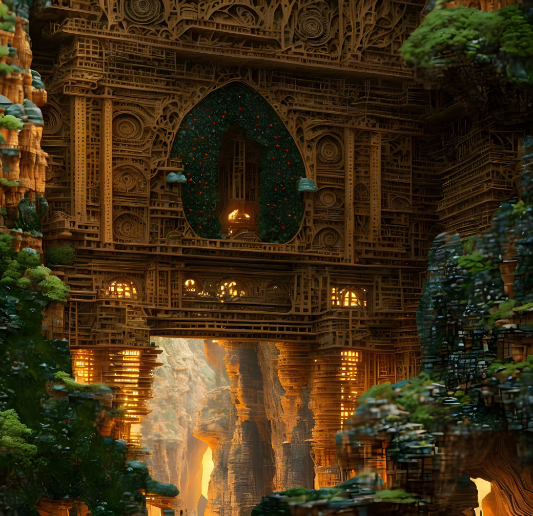 Ancient stone temple with arches and carvings in lush cliff setting