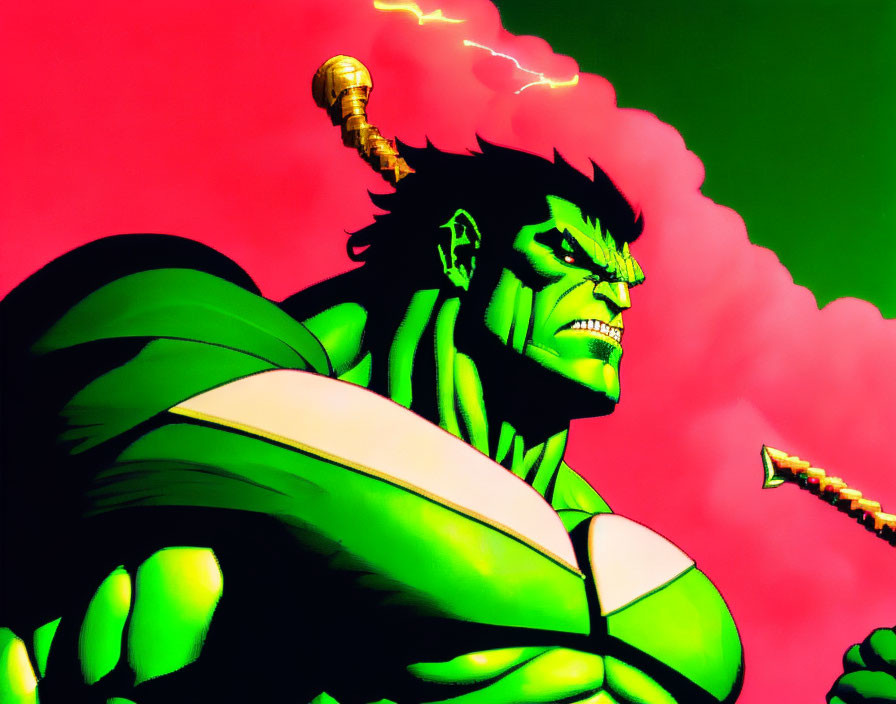 Muscular green-skinned character in martial arts uniform under red sky