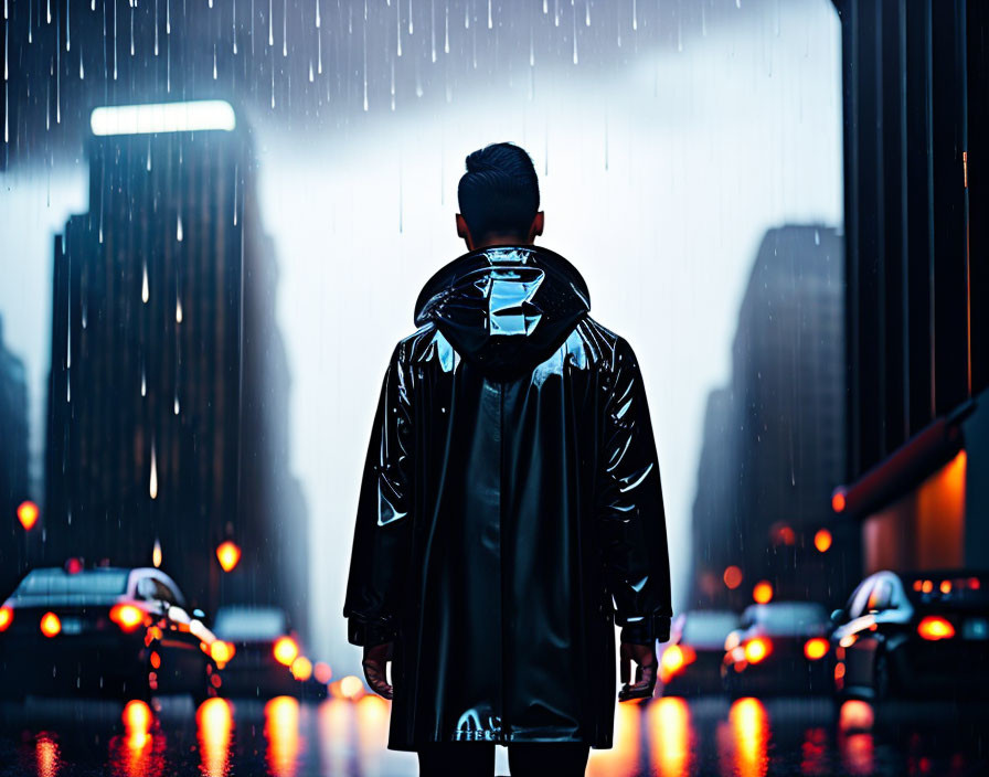 Person in reflective jacket standing in rain with city lights and traffic in background
